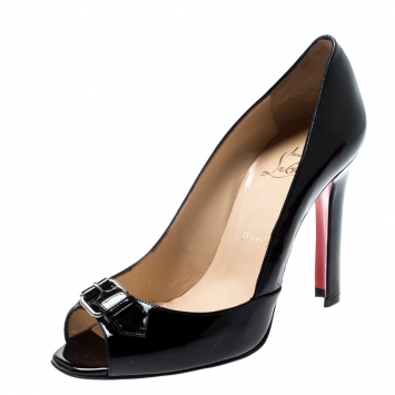 Pre Owned Christian Louboutin Black Patent Leather Buckle Detail Peep Toe Pumps Size 37.5