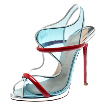 Pre Owned Christian Louboutin Blue/Red PVC And Patent Leather Aqua Ronda Slingback Sandals Size 39