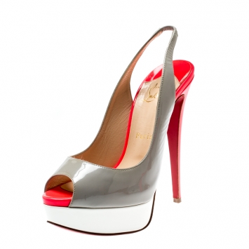Pre Owned Christian Louboutin Tricolor Patent Leather Lady Peep Toe Platform Slingback Sandals Size 38