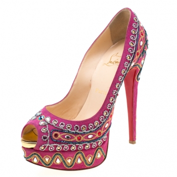 Pre Owned Christian Louboutin Pink Embroidered Suede Peep Toe Platform Pumps Size 38