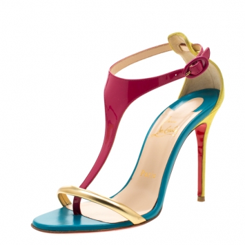 Pre Owned Christian Louboutin Multicolor Patent Leather and Suede T Strap Open Toe Sandals Size 37