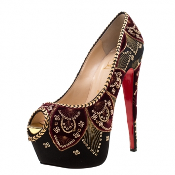 Pre Owned Christian Louboutin Black Satin Highness Sombrero Velvet Embroidered Peep Toe Platform Pumps Size 38