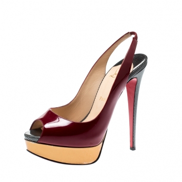 Pre Owned Christian Louboutin Burgundy Patent Leather Lady Peep Sling Platform Sandals Size 38