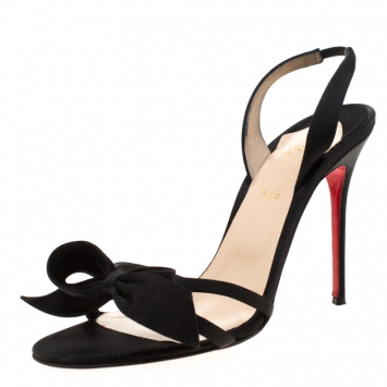 Pre Owned Christian Louboutin Black Satin Bow Slingback Open Toe Ankle Strap Sandals Size 39