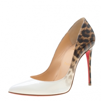 Pre Owned Christian Louboutin White And Leopard Print Patent Leather Pigalle Follies Pumps Size 36.5
