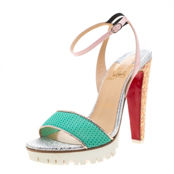 Pre Owned Christian Louboutin Multicolor Fabric And Leather Volumetric Ankle Strap Platform Sandals Size 38