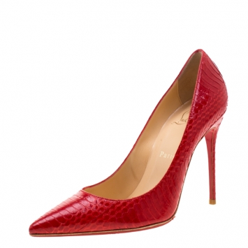 Pre Owned Christian Louboutin Rouge Lipstick Red Watersnake Leather Decollete Pointed Toe Pumps Size 39