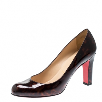Pre Owned Christian Louboutin Brown Tortoise Patent Leather Miss Tack Pumps Size 37