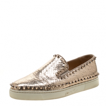 Pre Owned Christian Louboutin Metallic Gold Python Embossed Leather Pik Boat Slip On Sneakers Size 38.5