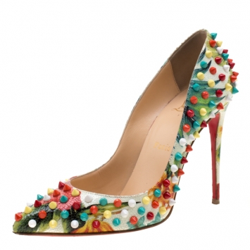 Pre Owned Christian Louboutin Multicolor Floral Crackled Leather Hawaiian Follies Spike Embellished Pointed Toe Pumps Size 37.5 