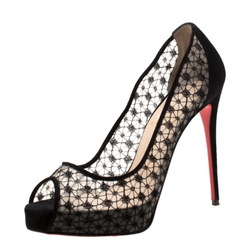 Pre Owned Christian Louboutin Lace And Suede Peep Toe Platform Pumps Size 37