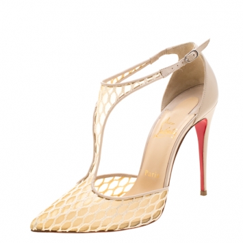 Pre Owned Christian Louboutin Beige Lace Salonu Pointed Toe T Strap Sandals Size 38.5