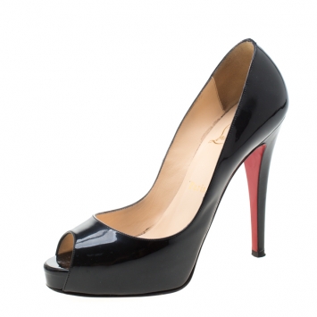 Pre Owned Christian Louboutin Black Patent Leather Hyper Prive Peep Toe Platform Pumps Size 37.5