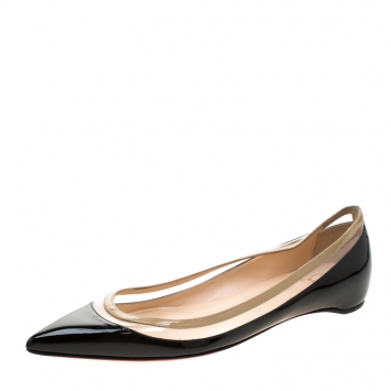 Pre Owned Christian Louboutin Black/Beige Patent Leather And PVC Paulina Pointed Toe Flats Size 40