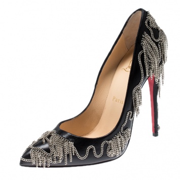 Pre Owned Christian Louboutin Black Leather Dolly Party Chain Embellished Pointed Toe Pumps Size 37.5