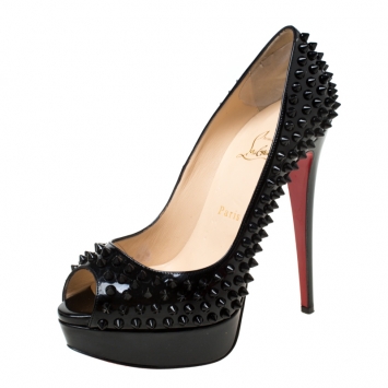 Pre Owned Christian Louboutin Black Patent Leather Lady Peep Toe Spike Platform Pumps Size 38.5