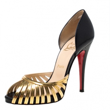 Pre Owned Christian Louboutin Metallic Gold Metal And Black Leather Open Toe Pumps Size 38.5