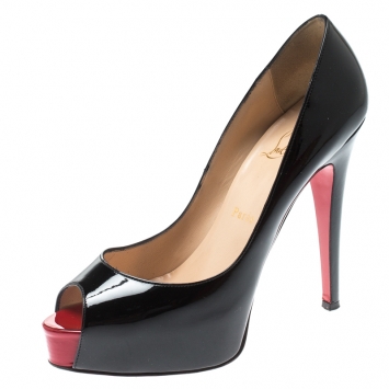 Pre Owned Christian Louboutin Black Patent Leather Peep Toe Platform Pumps Size 38