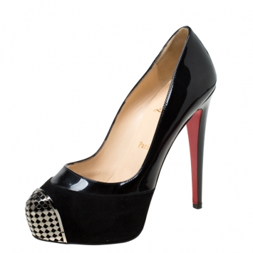 Pre Owned Christian Louboutin Black Patent Leather And Suede Maggie Embellished Cap Toe Platform Pumps Size 37.5