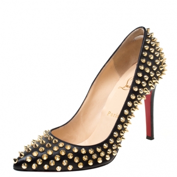Pre Owned Christian Louboutin Black Leather Spikes Embellished Pointed Toe Pumps Size 36.5