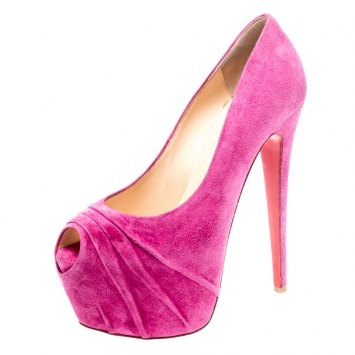 Pre Owned Christian Louboutin Fuschia Pink Ruched Suede Drapesse Peep Toe Platform Pumps Size 38.5