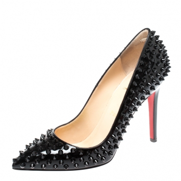 Pre Owned Christian Louboutin Black Patent Leather Follies Spikes Pointed Toe Pumps Size 38