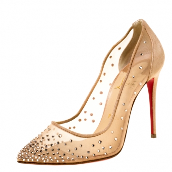 Pre Owned Christian Louboutin Beige Crystal Embellished Mesh Follies Strass Pointed Toe Pumps Size 36.5