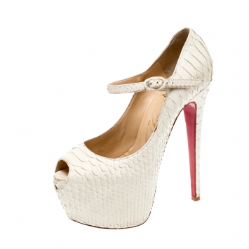 Pre Owned Christian Louboutin White Matte Python Lady Highness Peep Toe Pumps Size 38.5