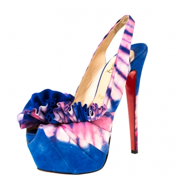 Pre Owned Christian Louboutin Blue/Pink Fabric High BouBou Bazin Slingback Sandals Size 38