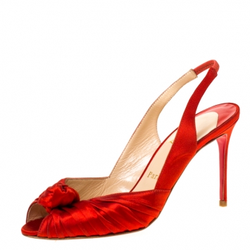 Pre Owned Christian Louboutin Red Satin Jenny Knotted Slingback Sandals Size 37.5