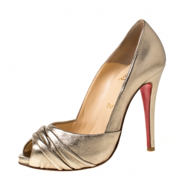 Pre Owned Christian Louboutin Metallic Leather Pleated Peep Toe Pumps Size 36.5