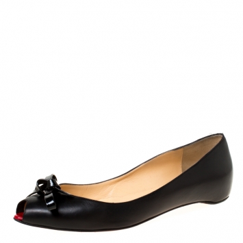 Pre Owned Christian Louboutin Black Leather Bow Peep Toe Ballet Flats Size 37.5