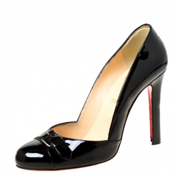 Pre Owned Christian Louboutin Black Patent Leather Lilibelt Buckle Detail Pumps Size 40.5