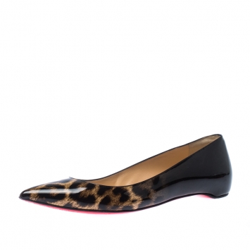 Pre Owned Christian Louboutin Black Leopard Print Patent Leather Pigalle Follies Pointed Toe Ballet Flats Size 37.5