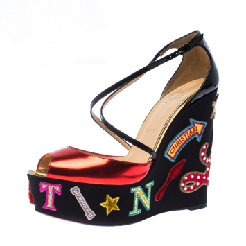 Pre Owned Christian Louboutin Multicolor Patent Leather Loubi Zeppa Wedge Platform Sandals Size 40