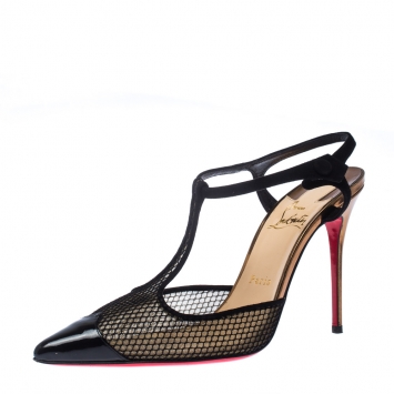 Pre Owned Christian Louboutin Black Patent Leather And Lace Mrs Early T Strap Pointed Toe Sandals Size 38.5