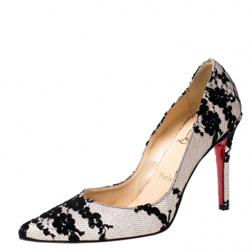 Pre Owned Christian Louboutin Black Lace And Satin Pointed Toe Pumps Size 37