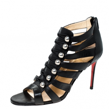 Pre Owned Christian Louboutin Black Leather Denis Cut Out Open Toe Booties Size 36.5