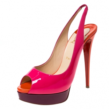 Pre Owned Christian Louboutin Multicolor Patent Leather Lady Peep Toe Slingback Sandals Size 40.5