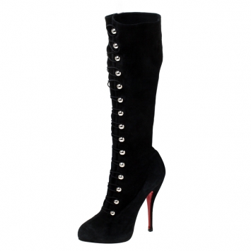 Pre Owned Christian Louboutin Black Suede Leather Fabiola Knee Length Boots Size 41