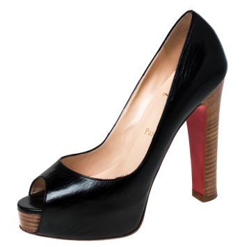Pre Owned Christian Louboutin Black Leather Peep Toe Platform Pumps Size 37.5 