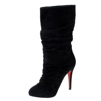 Pre Owned Christian Louboutin Black Pleated Suede Prios Mid Calf Boots Size 37.5