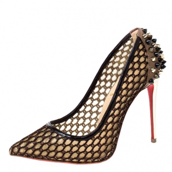 Pre Owned Christian Louboutin Black/Beige Spike Embellished Mesh and Leather Guni Pointed Toe Pumps Size 35.5