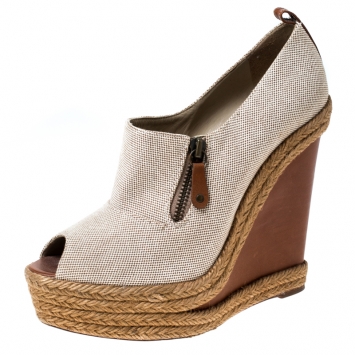 Pre Owned Christian Louboutin Beige Canvas Espadrille Wedge Platform Ankle Booties Size 39