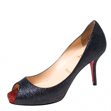 Pre Owned  Christian Louboutin Dark Grey/Red Glitter Mater Claude Peep-Toe Pumps Size 37