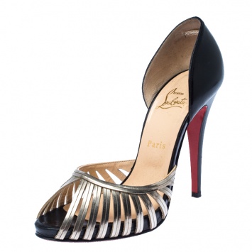 Pre Owned Christian Louboutin Black/Gold Cage Metal And Leather D'Orsay Open Toe Pumps Size 40