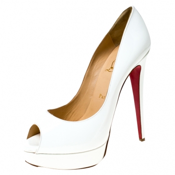 Pre Owned Christian Louboutin White Patent Leather Lady Peep Platform Pumps Size 40