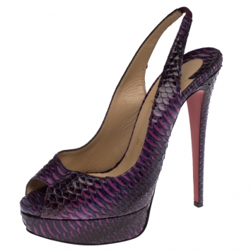 Pre Owned Christian Louboutin Purple/Pink Python Lady Peep Toe Platform Slingback Sandals Size 39
