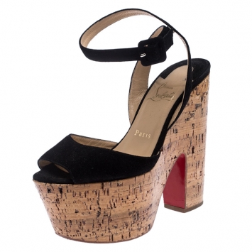 Pre Owned Christian Louboutin Black Suede Super Dombasle 160mm Wedge Sandals Size 37.5