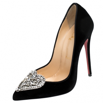 Pre Owned Christian Louboutin Black Crystal Embellished Velvet Diva Cora Pointed Toe Pumps Size 36.5